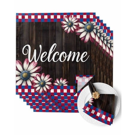 Cloth Napkins Farm Daisy Floral on Brown Wood Washable Soft Kitchen Dinner Napkin Set of 6 Memorial Day Blue Red Buffalo Reusable Cocktail Napkins for
