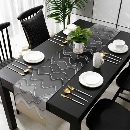 Black Ocean Waves Cotton Linen Table Runner 14 X 72 Inch Coastal Abstract Spray Gradient Art Non-slip Rectangular Dining Table Decor for Wedding Party