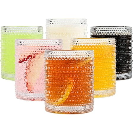 Vintage Glassware Drinking Glasses Set of 6 12 Oz Hobnail Glass Cups Embossed Clear Water Tumbler for Beer Cocktail Whiskey Juice and Various Mixed Dr