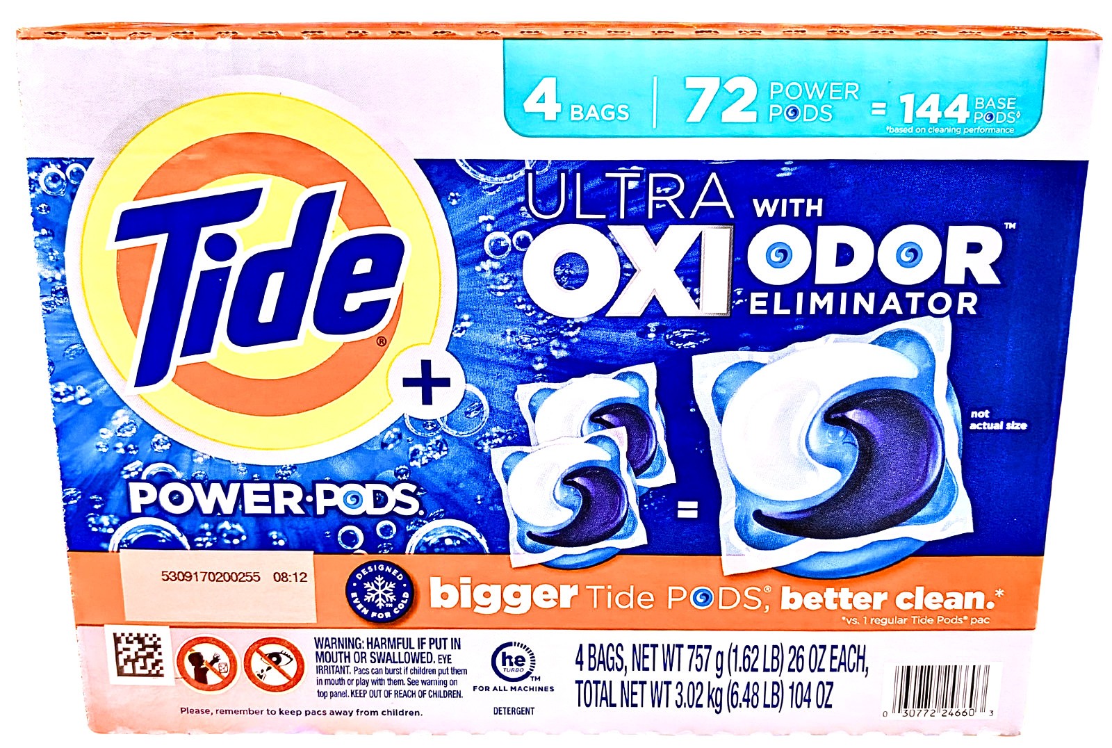 Tide Power Pods Plus Ultra Oxi Odor Eliminator Laundry Detergent  72 Power Pods (4 Bags)  HE Compatible