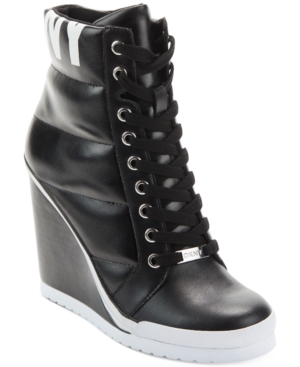 Dkny Womens Black 0.5 Platform Cushioned Lace up Eyelet Logo Noho Round Toe Wedge Zip-up Leather Athletic Sneakers 6.5 - All