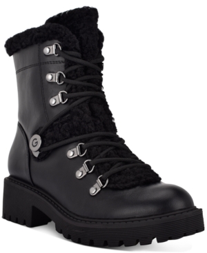 Guess Womens Black 0.5 Platform D-Ring Hardware Fur Trim Comfort Sherry Round Toe Block Heel Lace-up Combat Boots 9 M - All