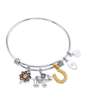Unwritten Clover, Elephant, and Horseshoe Charm Bangle Bracelet in Stainless Steel & Gold-Tone with Silver Plated Charms