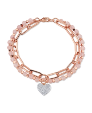 Unwritten Genuine Rose Quartz Fine Plated Silver Double Strand Crystal Heart Charm Link Bracelet