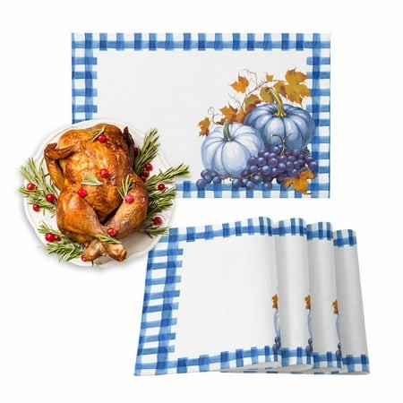 Fall Placemats Set of 6 Blue Pumpkin Place Mats Thanksgiving Placemat Maple Leaves Grape Buffalo Plaid Table Mats for Dining Kitchen Table Holiday Din