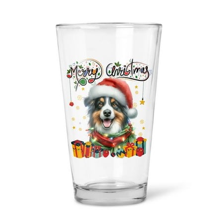 Merry Christmas Santa Miniature American Shepherd Scarf Twinkling Lights Xmas Holiday 16oz Pint Beer Glass Mug MAS Dog Lover Gifts Beer Glasses Cup - 