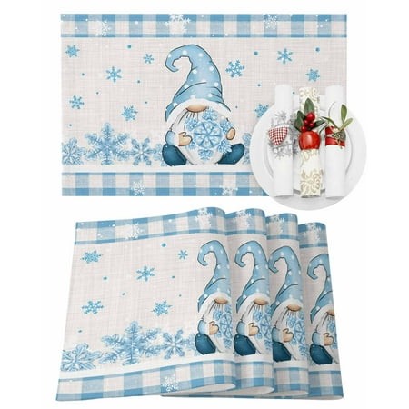 Christmas Gnome Placemats Set of 6 Snowflake Blue and White Buffalo Plaid Heat Insulation Washable Place Mats  Rustic Non-Slip Table Mats for Dining T