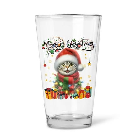 Merry Christmas Santa American Shorthair Scarf Twinkling Lights Xmas Holiday 16oz Pint Beer Glass Mug Cat Lover Kitten Owner Gifts Beer Glasses Cup - 