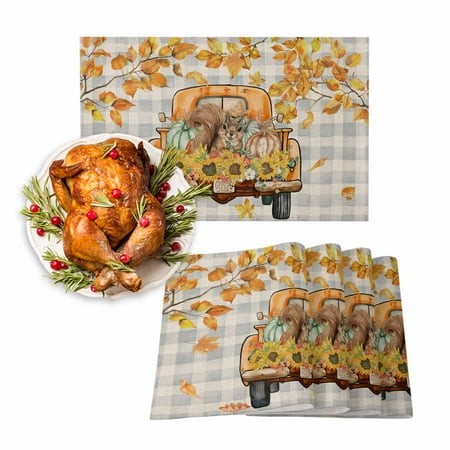 Fall Placemats Set of 6 Squirrel Sunflower Place Mats Thanksgiving Placemat Leaf Pumpkin Truck Buffalo Plaid Blue Table Mats for Dining Kitchen Table 