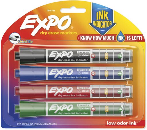 EXPO Dry Erase Markers with Ink Indicator, Chisel Tip, Assorted Colors, 4 Pack