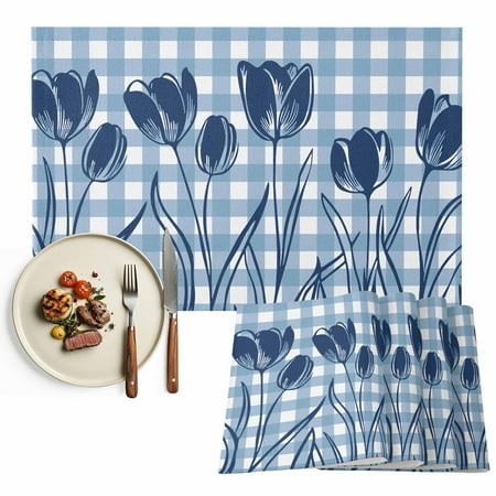 Placemats Set of 6  Blue Tulip Flowers Place Mats Floral Buffalo Plaid Tablemats Washable Placemat Table Decoration for Kitchen Table Dinner Party Hom