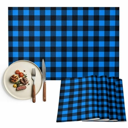 Placemats Set of 6  Buffalo Plaid Place Mats Pastoral Blue Black Checked Tablemats Washable Placemat Table Decoration for Kitchen Table Dinner Party H