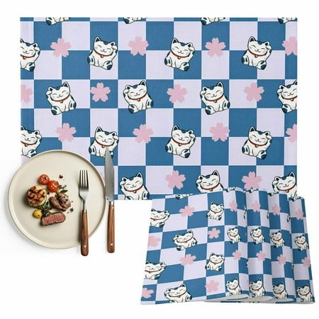 Placemats Set of 6  Lucky Cat Place Mats Cherry Blossoms Blue Check Buffalo Plaid Tablemats Washable Placemat Table Decoration for Kitchen Table Dinne