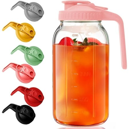 2 Pack Glass Mason Jar Pitcher - 64 Oz/2 Quart Wide Mouth Jug with Lid and Pour Spout  Airtight Seal  Leak Proof Iced Tea Pitcher for Sun Tea  Juice  