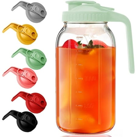 2 Pack Glass Mason Jar Pitcher - 64 Oz/2 Quart Wide Mouth Jug with Lid and Pour Spout  Airtight Seal  Leak Proof Iced Tea Pitcher for Sun Tea  Juice  