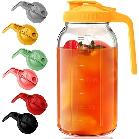 2 Pack Glass Mason Jar Pitcher - 64 Oz/2 Quart Wide Mouth Jug with Lid and Pour Spout  Airtight Seal  Leak Proof Iced Tea Pitcher for Sun Tea  Juice  