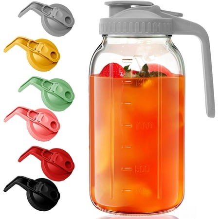 2 Pack Glass Mason Jar Pitcher - 64 Oz/2 Quart Wide Mouth Jug with Lid and Pour Spout  Airtight Seal  Leak Proof Iced Tea Pitcher for Sun Tea  Juice  