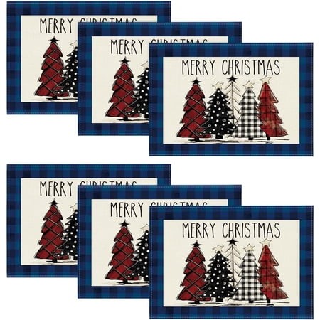 Mubwai Blue Waterclor Buffalo Plaid Christmas Trees Placemats Set of 6  12x18 Inch Winter Table Mats for Outdoor Home Party Kitchen Dining Decor