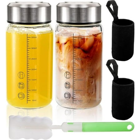 2 Pack Glass Bottles with Lids  12 Oz Wide Mouth Shaker Bottle with Sleeve  Leakproof Glass Mixing Sports Drinking Bottles for Protein Mixs  Juice  Vi