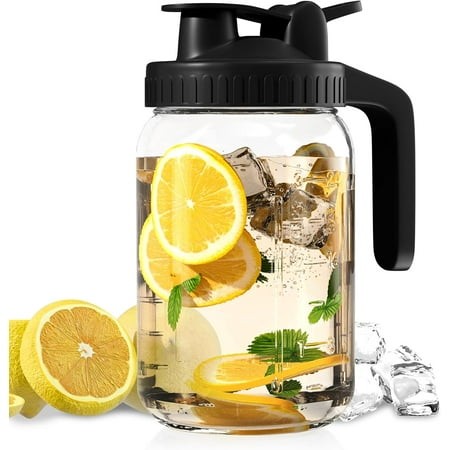 Ababeny 64 Oz Glass Mason Jar Pitcher with Lid for Cold Brew Coffee  Ice Juice  Lemonade  Sun/Iced Tea  Fruit Drinks-Black