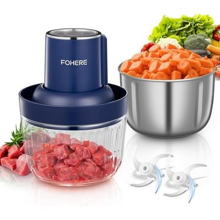 FOHERE Food Processors  Electric Food Chopper with Meat Grinder & Vegetable Chopper with 2 Bowls (8 Cup+7 Cup)  2 Sets of Bi-Level Blades for Fruits/M