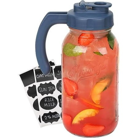 Glass Mason Jar Pitcher with Lid  Wide Mouth Flip Cap Pour Spout Leak-proof Lid with Handle  64 Oz (2 Quart / 1.9 Liter)  for Sun Tea/Iced Tea/Juice/C