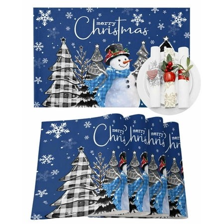 Christmas Placemats Set of 6  Snowman Place Mats Buffalo Plaid Pine Tree Blue Placemat Table Decoration for Kitchen Table Dinner Xmas Holiday Party Ho