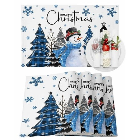 Christmas Placemats Set of 6  Snowman Place Mats Buffalo Plaid Pine Tree Blue Snow Placemat Table Decoration for Kitchen Table Dinner Xmas Holiday Par