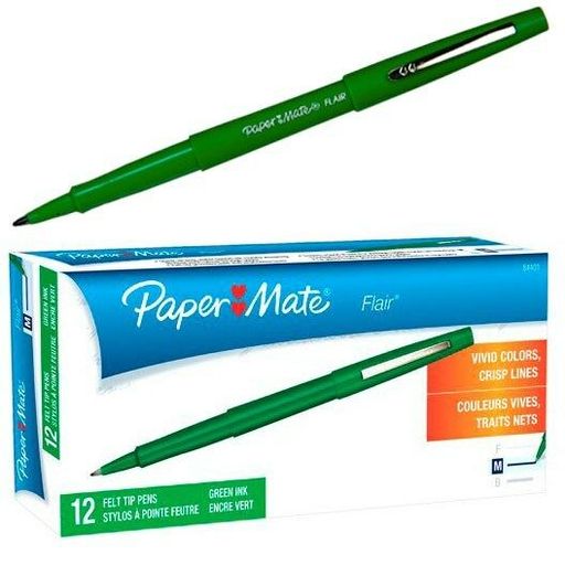 Paper Mate Flair Felt Tip Pen, Green Ink, Medium Point, 8440152, Box of 12