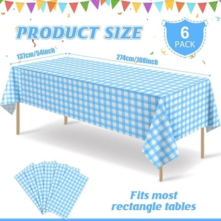 Chenran-6 Pcs Light Blue Gingham Tablecloth Decorations  Disposable Plastic Blue Checkered Tablecloth Buffalo Plaid Table Cover for Outdoor Picnic  Ki