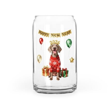 Happy New Year 2026 Weimaraner Holiday Balloons Party Snow 16oz Glass Cup Mug Weim Gray Ghost Dog Lover Glass Can - 13018