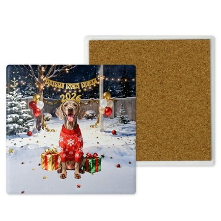 Happy New Year 2026 Weimaraner Holiday Balloons Party Snow Set of 4 Stone Coasters Weim Gray Ghost Dog Lover 4x4in Absorbent Soapstone Coaster - 13018