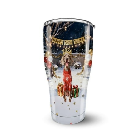 Happy New Year 2026 Weimaraner Holiday Balloons Party Snow 30oz Stainless Steel Tumbler Insulated Cup with Lid Weim Gray Ghost Dog Lover - 13018