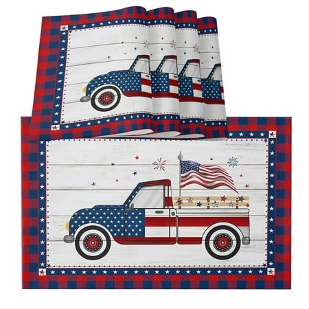 Independence American Flag Truck with Wooden Stripes Placemats for Dinning Table Set of 6 Blue Red Checker Buffalo Burlap Kitchen Place Mats Waterproo