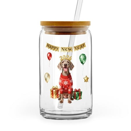 Happy New Year 2026 Weimaraner Holiday Balloons Party Snow 16oz Glass Cup Mug Weim Gray Ghost Dog Lover Glass Can with Bamboo Lid and Straw - 13018