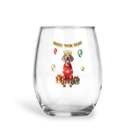 Happy New Year 2026 Weimaraner Holiday Balloons Party Snow 15oz Stemless Wine Glass Mug Weim Gray Ghost Dog Lover Wine Glasses Cup - 13018