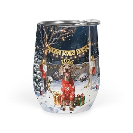 Happy New Year 2026 Weimaraner Holiday Balloons Party Snow 12oz Stainless Steel Wine Tumbler Insulated Cup with Lid Weim Gray Ghost Dog Lover - 13018