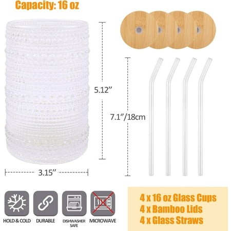 YUYAN-Vintage Hobnail Drinking Glasses Set of 4  16 Oz Highball Glasses Cup Set  Kitchen Water Glasses Cup  Bar Mixed Drinkware Set for Beer  Juice  C