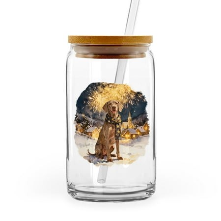 Weimaraner Happy New Year 2026 with Fireworks on New Year S Eve 16oz Glass Cup Mug Weim Gray Ghost Dog Lover Glass Can with Bamboo Lid and Straw - 120