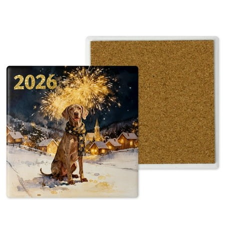 Weimaraner Happy New Year 2026 with Fireworks on New Year S Eve Set of 4 Stone Coasters Weim Gray Ghost Dog Lover 4x4in Absorbent Soapstone Coaster - 