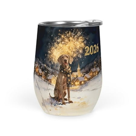Weimaraner Happy New Year 2026 with Fireworks on New Year S Eve 12oz Stainless Steel Wine Tumbler Insulated Cup with Lid Weim Gray Ghost Dog Lover - 1