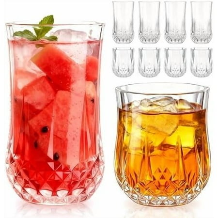 Drinking Glasses Set of 8 11 Oz and 7 Oz Kitchen Water Glass Cups Set Clear Curvature Glassware Dishwasher Safe Mixed Drinkware for Beer Juice Cocktai