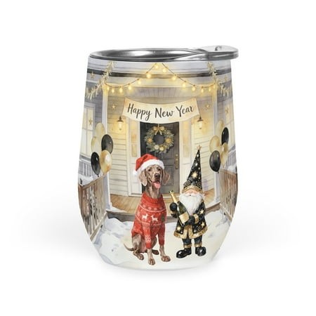 Happy New Year 2026 Weimaraner Santa Gnome Holiday Party Snow 12oz Stainless Steel Wine Tumbler Insulated Cup with Lid Weim Gray Ghost Dog Lover - 130