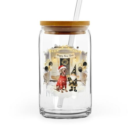 Happy New Year 2026 Weimaraner Santa Gnome Holiday Party Snow 16oz Glass Cup Mug Weim Gray Ghost Dog Lover Glass Can with Bamboo Lid and Straw - 13019