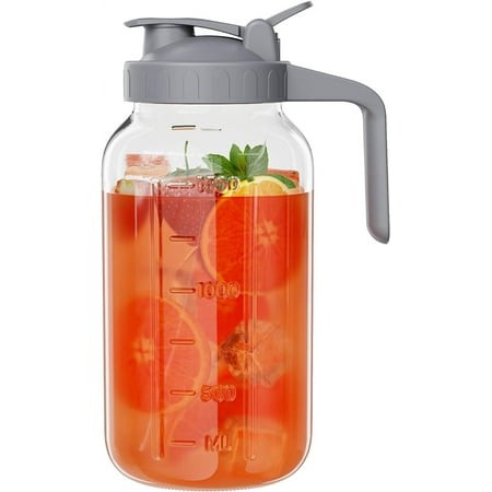 Glass Mason Jar Pitcher  64 Oz Wide Mouth Jug with Pour Spout Handle Lid for Cold Brew Coffee  Ice Beverage  Iced Juice  Lemonade  Sun Tea  Fruit Drin