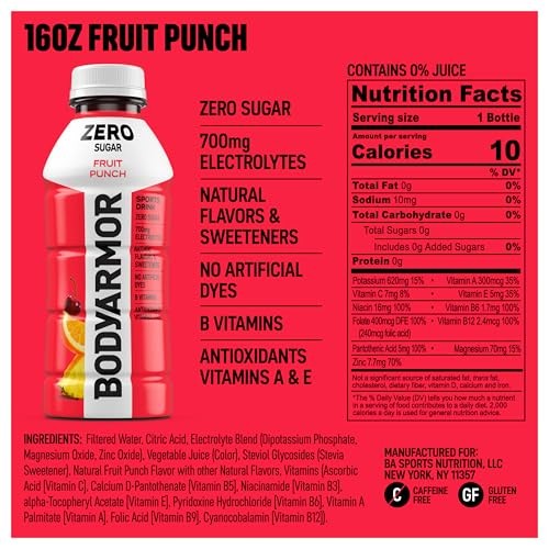 BODYARMOR ZERO Sugar Fruit Punch Electrolyte Drink, Natural Flavors, 16 Fl Oz Bottles (6 Pack), B Vitamins & Antioxidants Sugar Free Hydration thumbnail