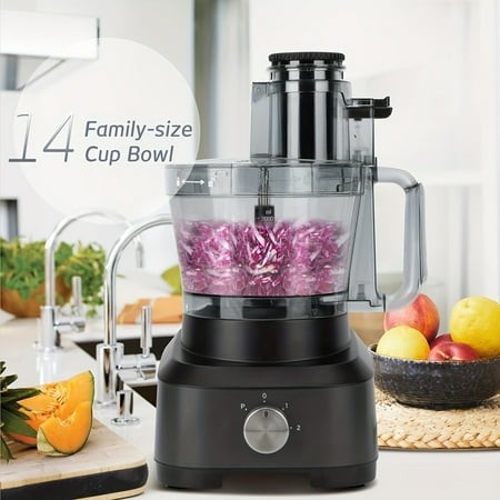 7-in-1 600W Food Processor - 14-Cup XL Bowl Spray Black Stainless Steel Machine  Meat Chopper Slicer for Kneading & French Fries