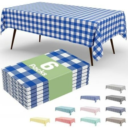6 Pack Blue Gingham Disposable Tablecloths - 54  X 108  Heavy Duty Plastic Table Cloth  Waterproof Buffalo Plaid Table Covers for Picnic  Banquets  Ou