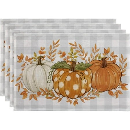 Place Mats Set of 6 Fall Autumn Harvest Pumpkin Buffalo Plaid Table Placemats 12×18 Inch Grey Blue Checker Stain-Resistant Wipeable