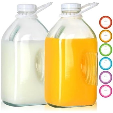 64 Oz Glass Milk Bottles with Airtight Screw Lids 2 Pack - 2 Quart Glass Juice Bottles  1/2 Gallon Glass Water Bottles  Milk Jars Jug Pitcher